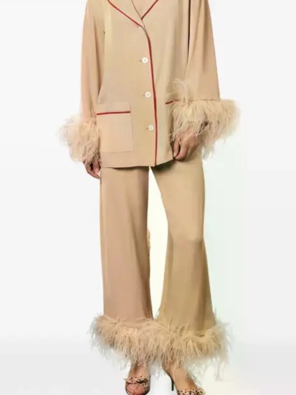 NWT Sleeper party pajama set small Feather Trim Wide-Leg Pants in Beige